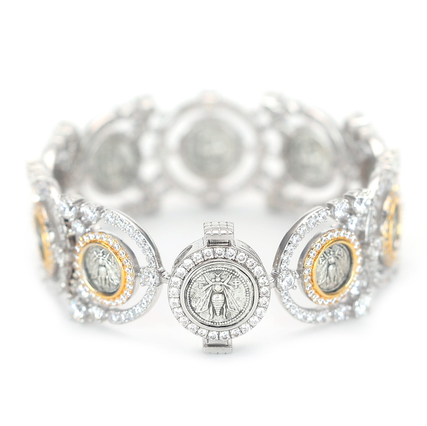 Micro-setting Lab created stones two-sided ancient coins The Bee Ares bracelet, sterling silver. Double platting