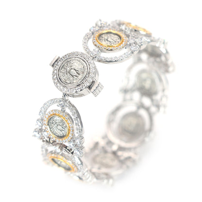 Micro-setting Lab created stones two-sided ancient coins The Bee Ares bracelet, sterling silver. Double platting