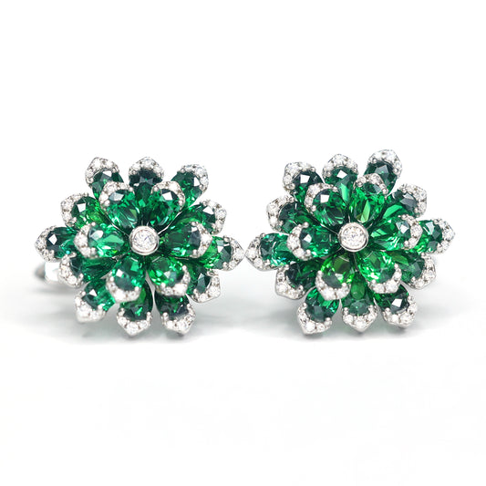 Micro-setting Preserved Flower Tsavorite color Lab created stones earrings, sterling silver