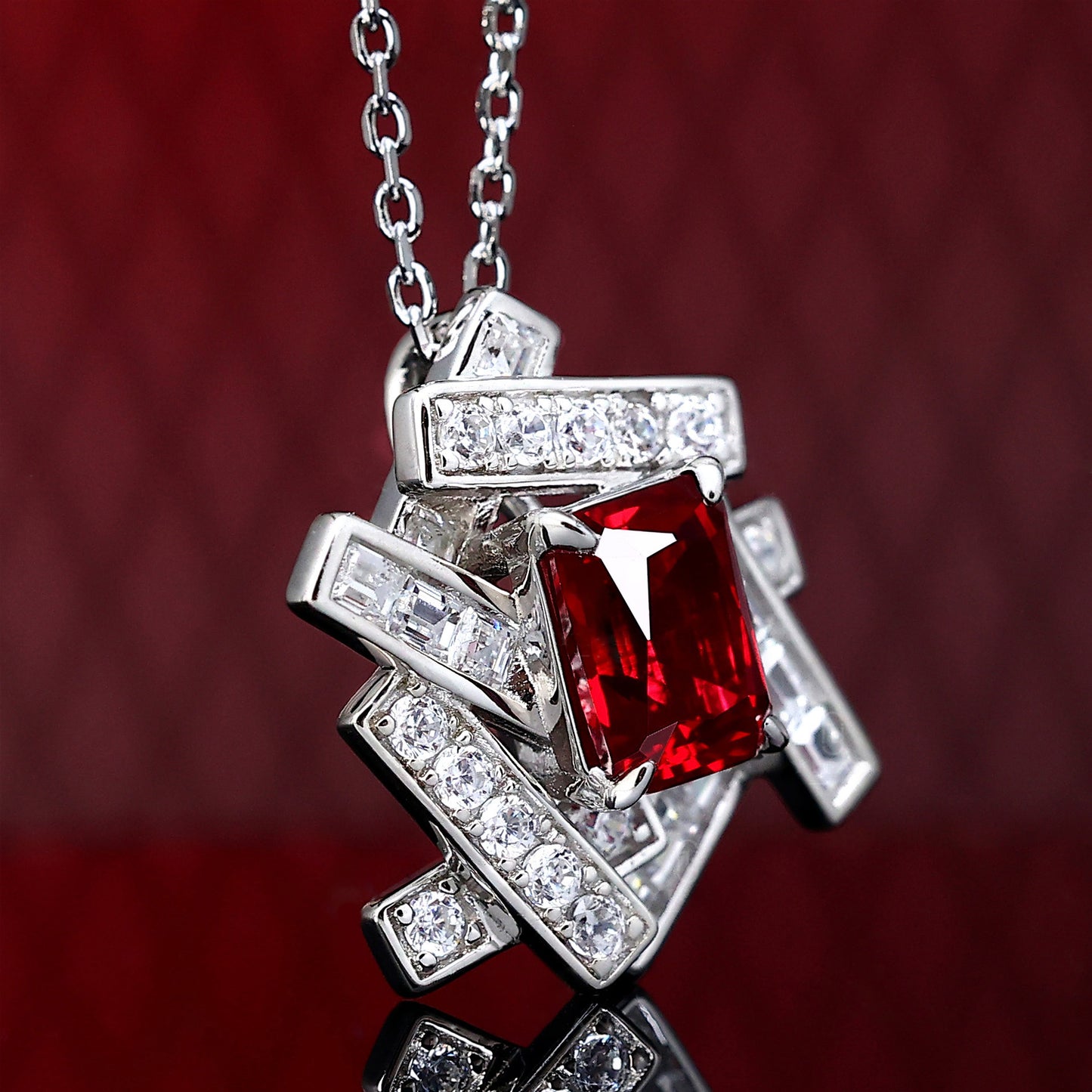 Sepcial offer Micro-setting Ruby color Lab created stones Edges and corners  irregular necklace, sterling silver