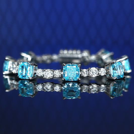 Micro-setting Aquamarine color Lab created stones The city of the sky bracelet, sterling silver.