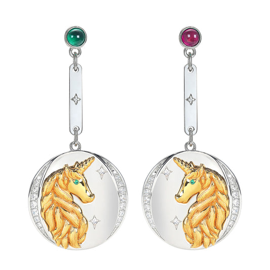 Micro-setting ancient coins selection Lab created stones The unicorn earrings, sterling silver. Double platting.