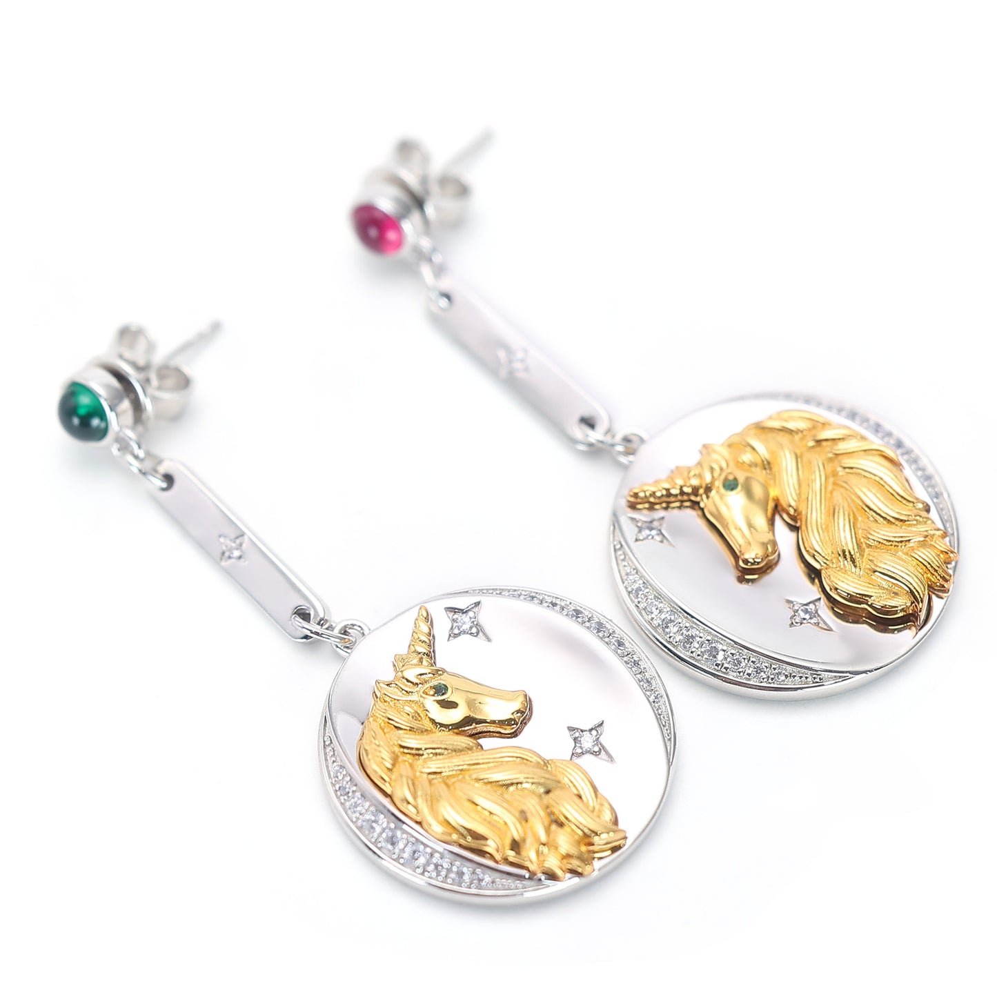 Micro-setting ancient coins selection Lab created stones The unicorn earrings, sterling silver. Double platting.