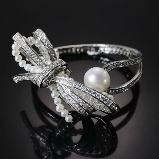 Special offer Micro-setting Lab created stones  White pearl bowknot detailed bangle , sterling silver.