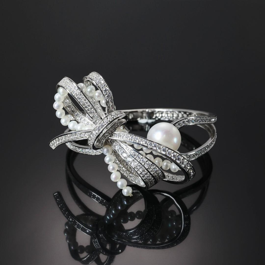 Special offer Micro-setting Lab created stones  White pearl bowknot detailed bangle , sterling silver.