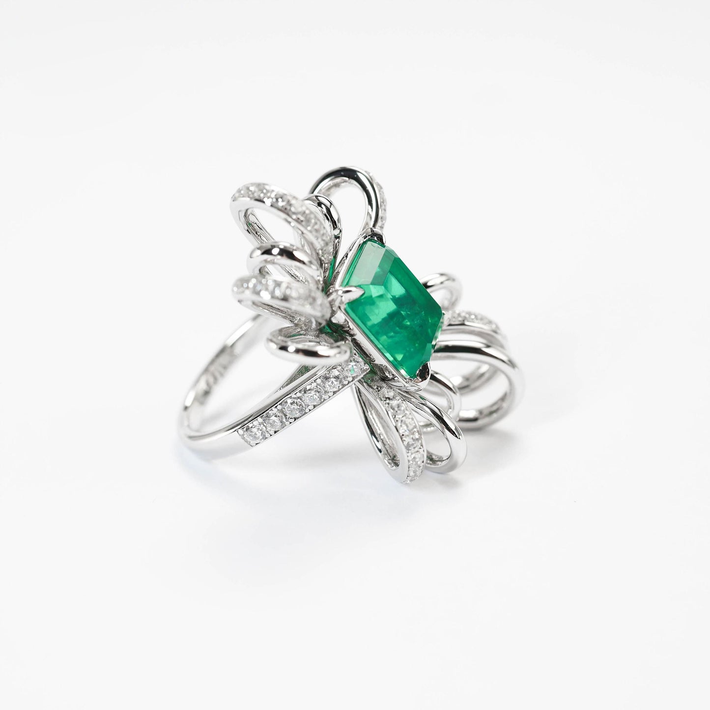 Micro-setting Emerald color Lab created stones fancy bow ring, sterling silver