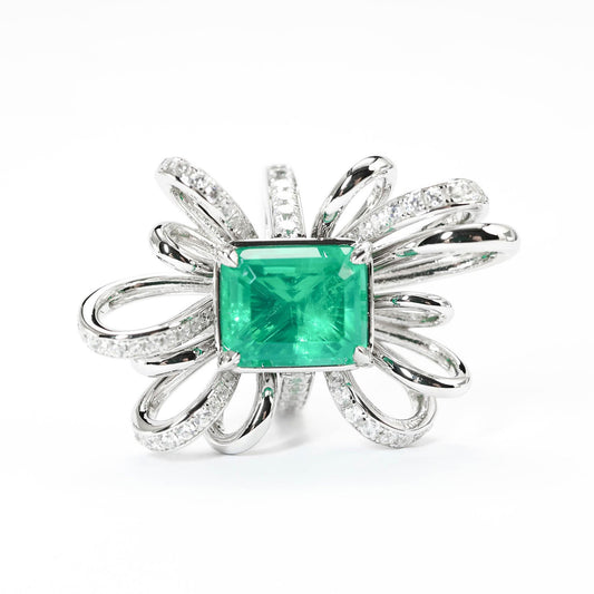 Micro-setting Emerald color Lab created stones fancy bow ring, sterling silver