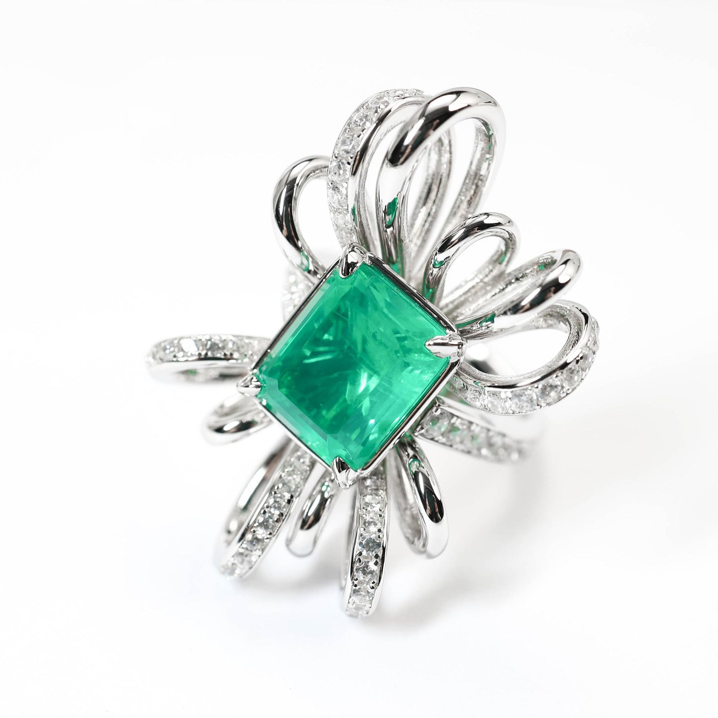 Micro-setting Emerald color Lab created stones fancy bow ring, sterling silver