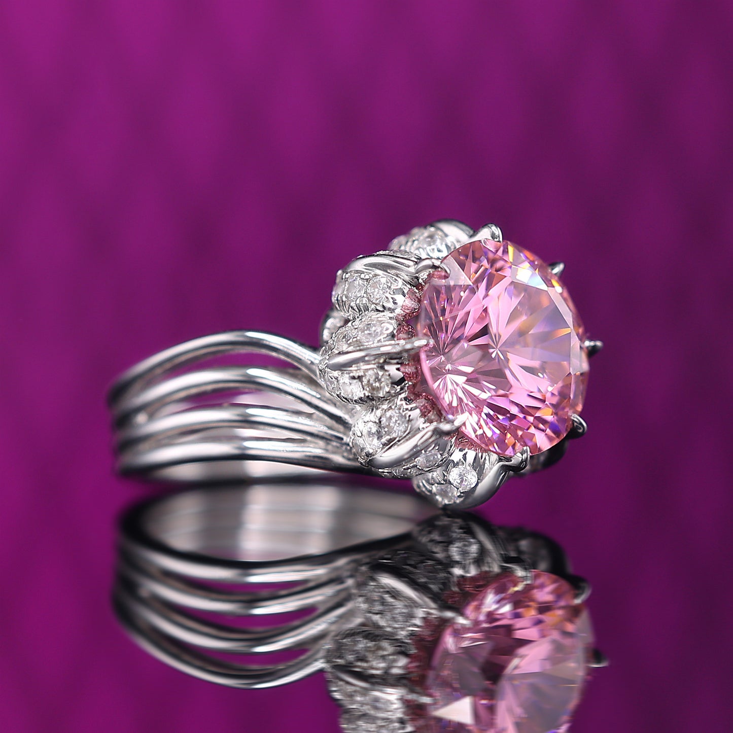 Micro-setting Pink diamond color Lab created stones Water lotus ring, sterling silver.(7.5 carat)