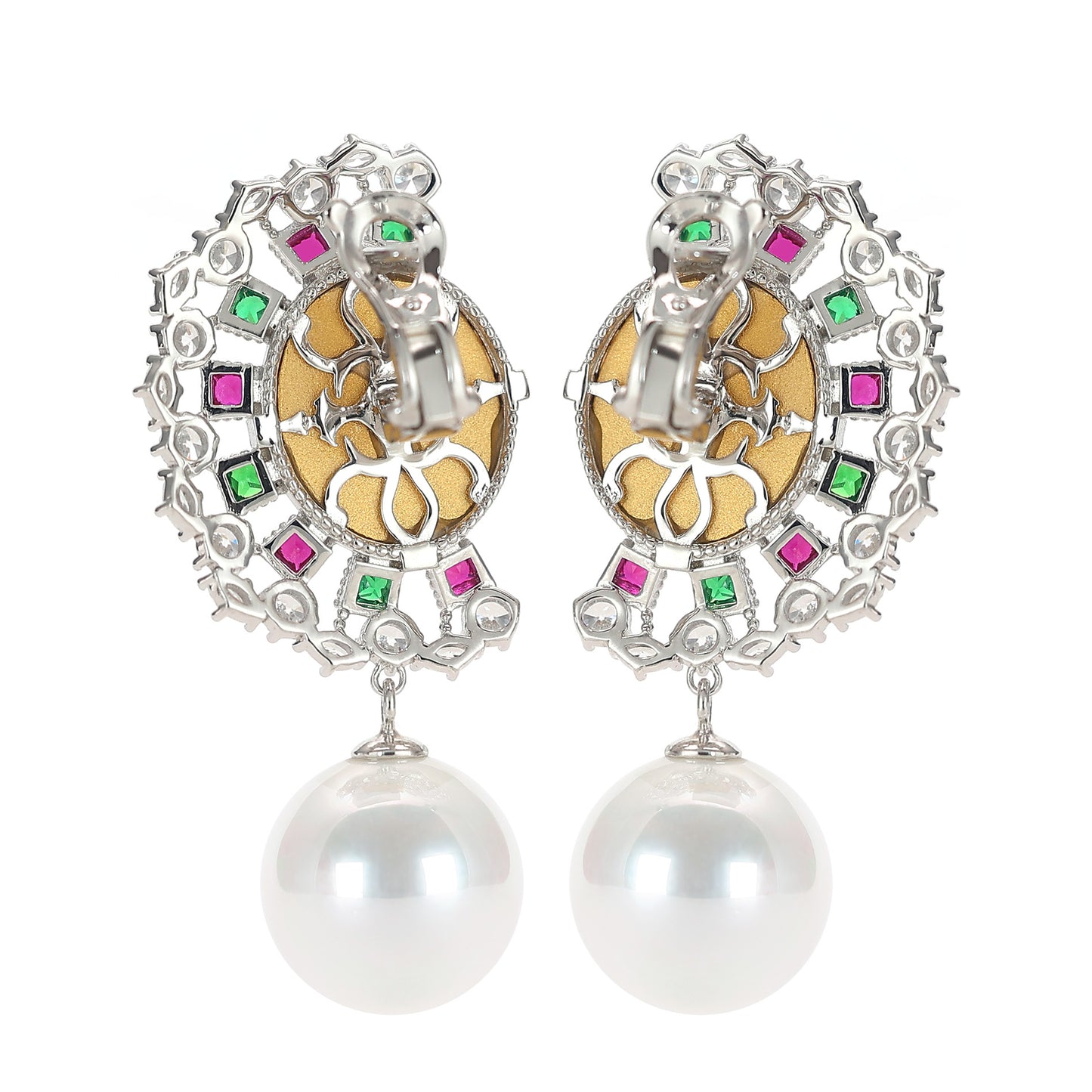 Micro-setting ancient coin Lab created stones White shell pearl LIBERAL EAGLE earrings, sterling silver.