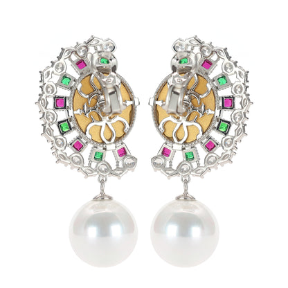 Micro-setting ancient coin Lab created stones White shell pearl LIBERAL EAGLE earrings, sterling silver.