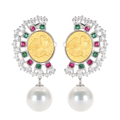 Micro-setting ancient coin Lab created stones White shell pearl LIBERAL EAGLE earrings, sterling silver.