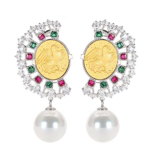 Micro-setting ancient coin Lab created stones White shell pearl LIBERAL EAGLE earrings, sterling silver.