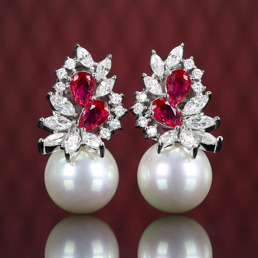 Micro-setting ruby color Lab created stones White shell pearl earrings, sterling silver