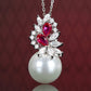 Micro-setting ruby color Lab created stones White shell pearl necklace, sterling silver