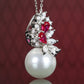 Micro-setting ruby color Lab created stones White shell pearl necklace, sterling silver