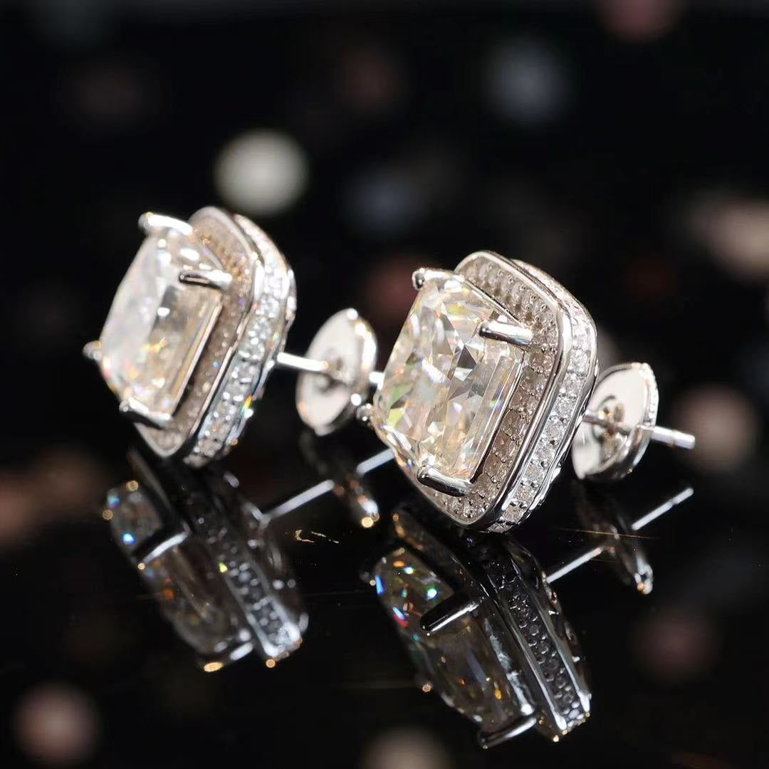 Micro-setting G color Ice-cut Lab created stones square shape fully studded earrings, sterling silver