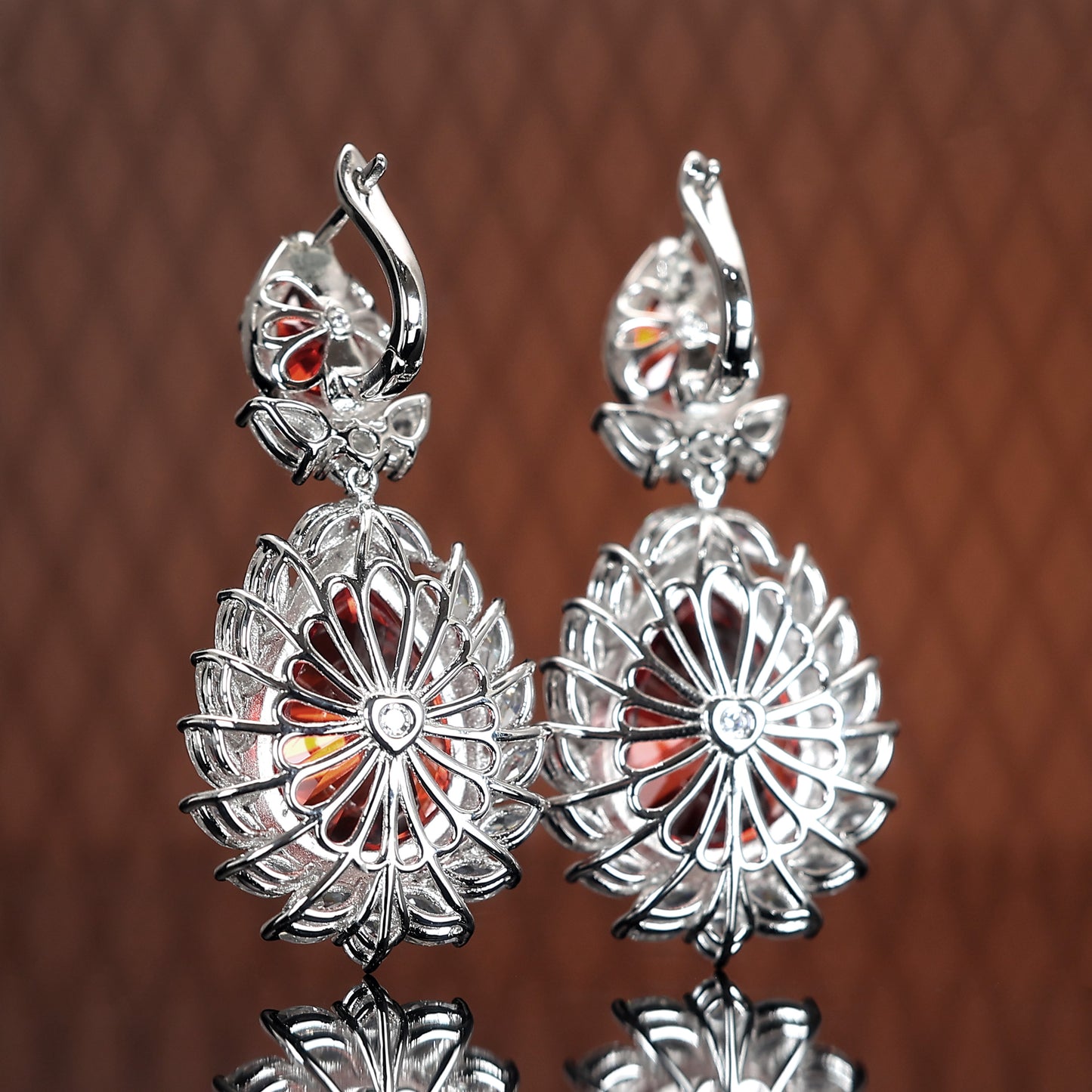 Micro-setting Dark Fanta color Lab created stones double waterdrop fancy earrings, sterling silver
