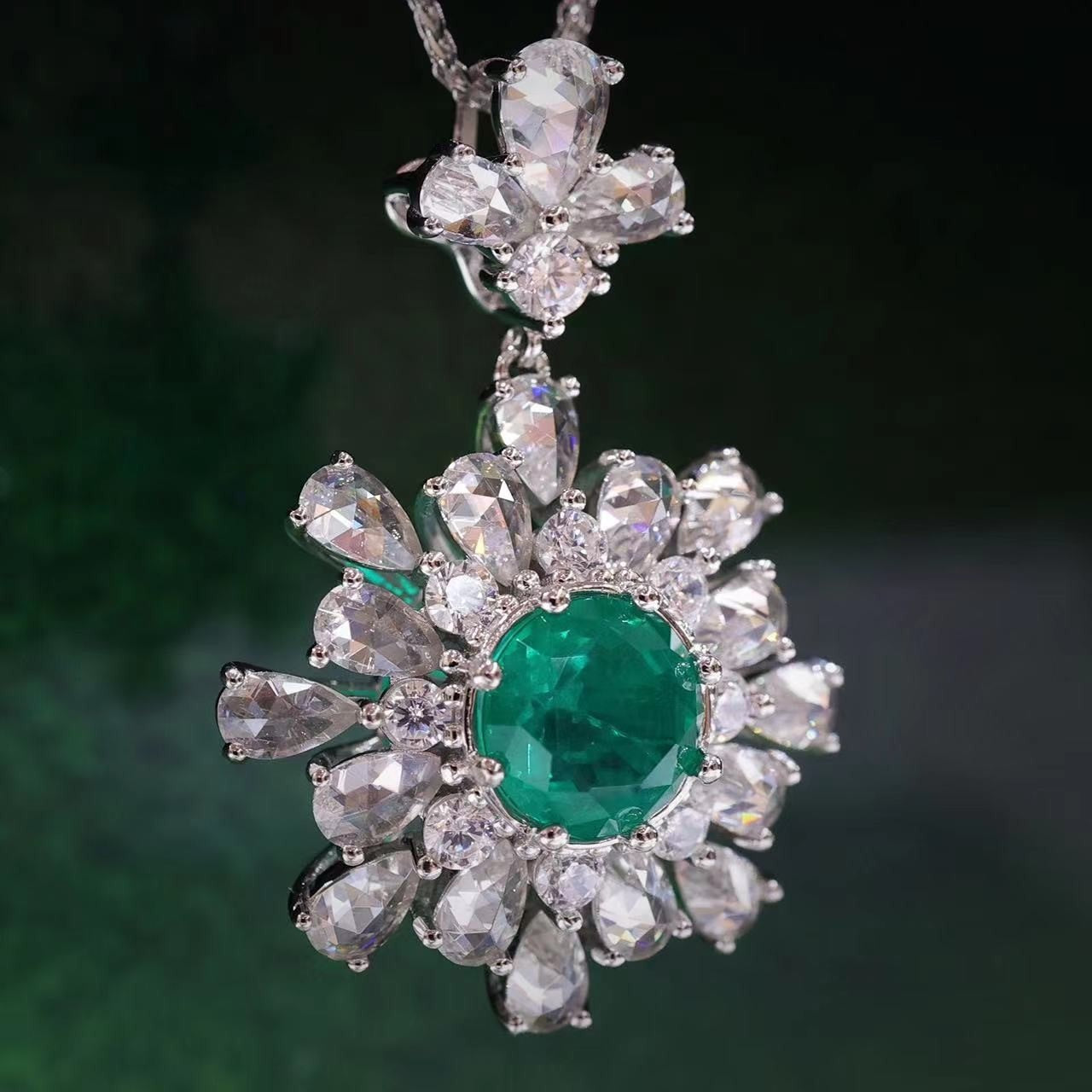 Micro-setting Rose cut round emerald color Lab created stones Apollo Pendant, sterling silver