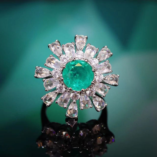 Micro-setting round emerald color Lab created stones Apollo ring, sterling silver