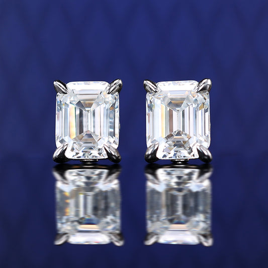 Micro-setting emerald-cut Lab created stones ear studs, sterling silver. (13 carat in total)