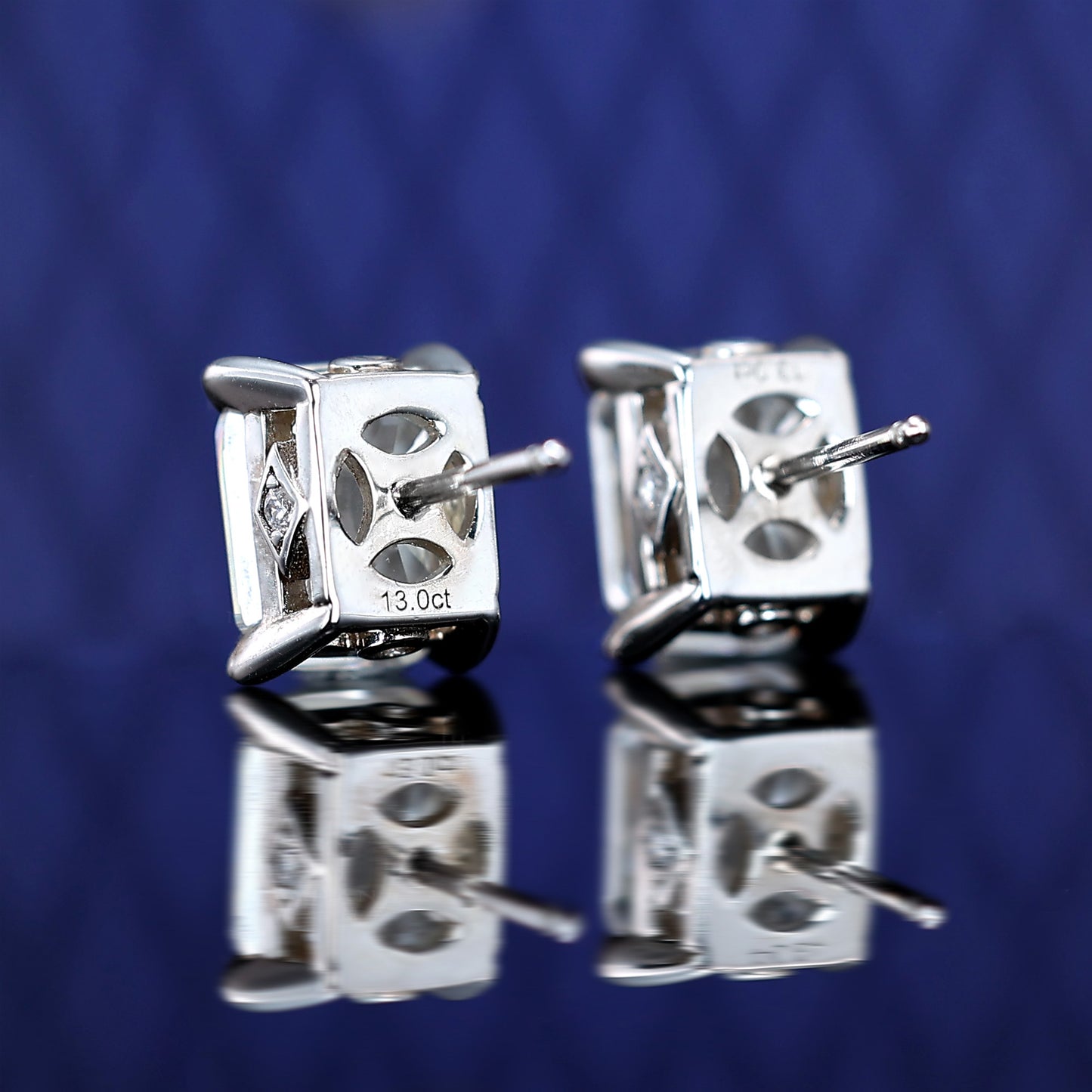 Micro-setting emerald-cut Lab created stones ear studs, sterling silver. (13 carat in total)