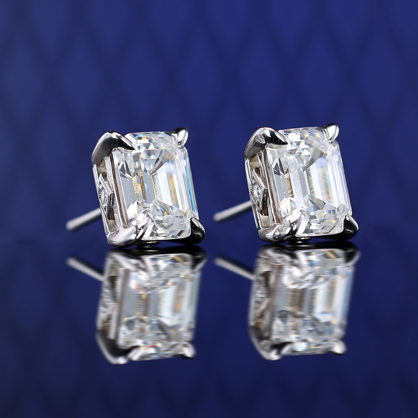 Micro-setting emerald-cut Lab created stones ear studs, sterling silver. (13 carat in total)