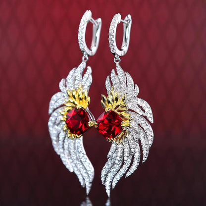 Boucles d'oreilles grue à couronne rouge avec pierres créées par le laboratoire couleur rubis micro-serti, argent sterling 