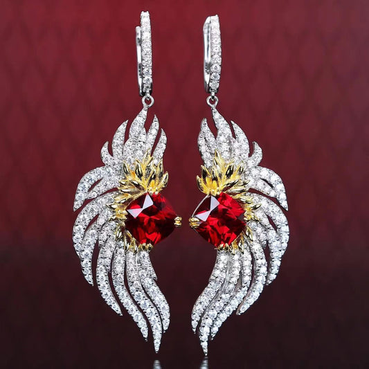 Micro-setting Ruby color Lab created stones red-crowned crane earrings, sterling silver