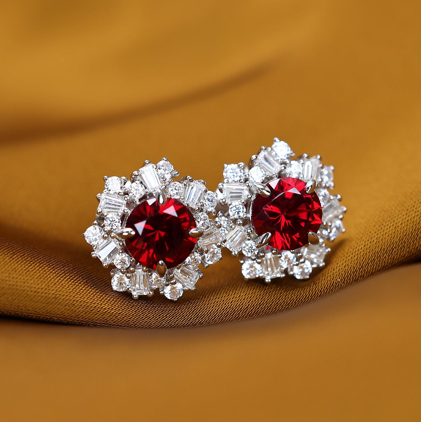 Micro-setting Ruby color irregular detailed ear studs, sterling silver