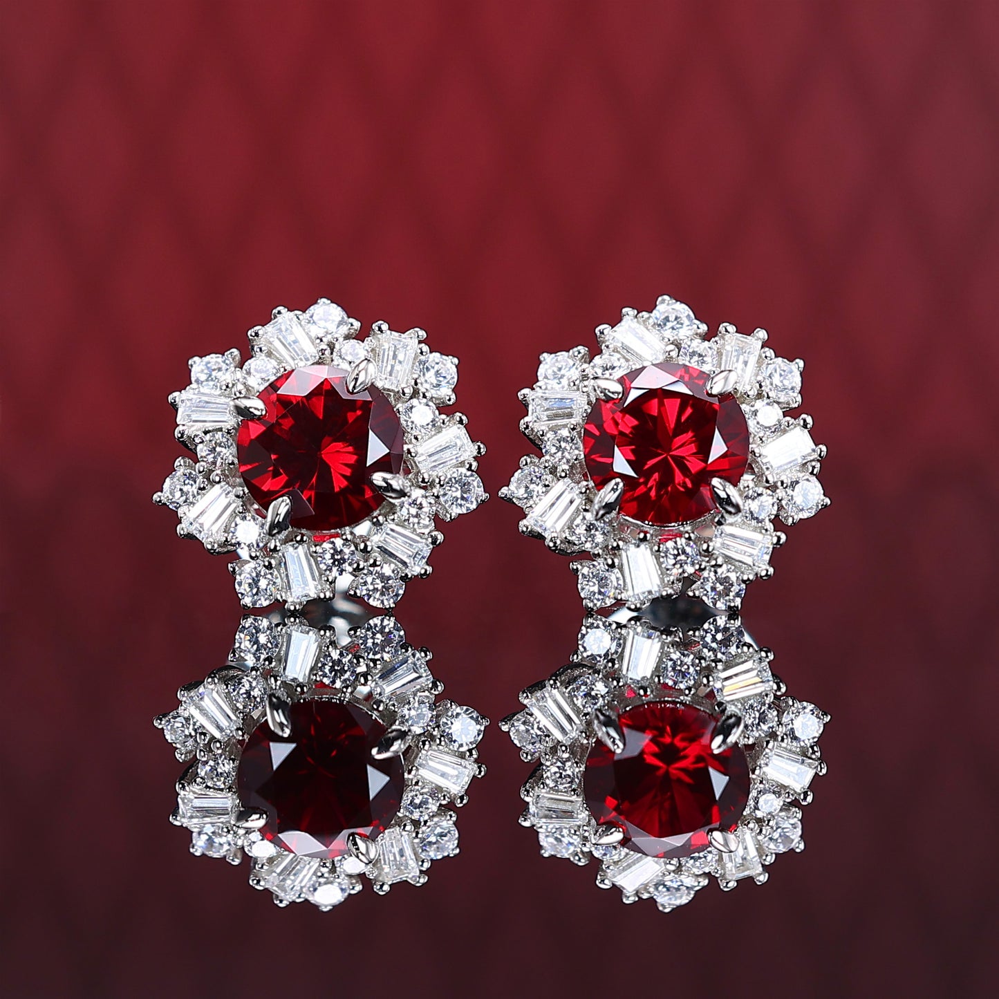 Micro-setting Ruby color irregular detailed ear studs, sterling silver