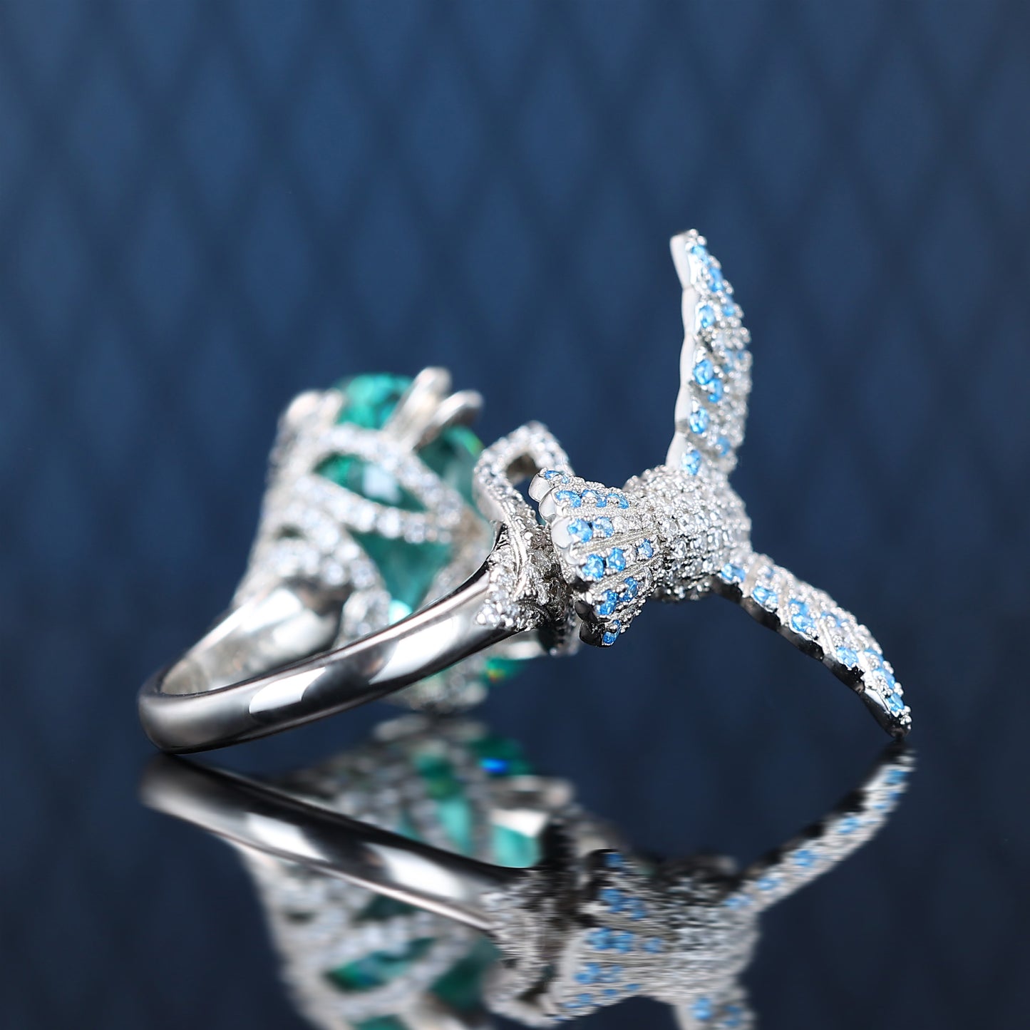 Micro-setting Paraiba color Lab created stones detailed hummingbird ring, sterling silver