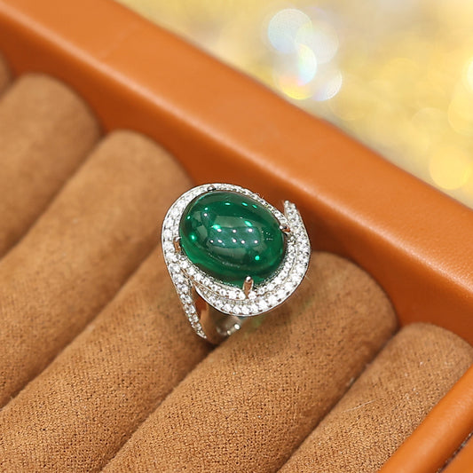 Sonderangebot Nur 1 Stück Cabochon-Ring mit smaragdgrünen, im Labor hergestellten Steinen in Mikrofassung, Sterlingsilber