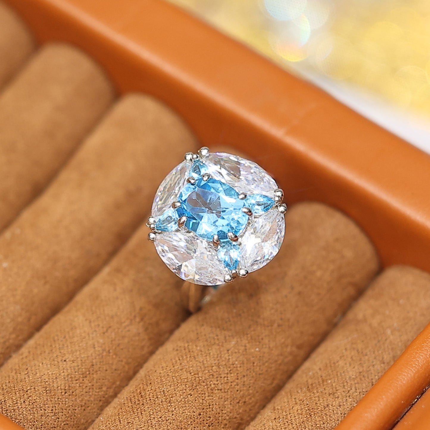 Special offer Only 1 piece Micro-setting Aquamarine color lab created stones ring, sterling silver. Size：adjustable