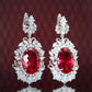 Micro-setting Ruby color Lab created stones Oval shape detailed lace earrings, sterling silver.