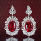 Micro-setting Ruby color Lab created stones Oval shape detailed lace earrings, sterling silver.