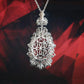 Micro-setting Ruby color Lab created stones Oval shape detailed lace necklace, sterling silver.