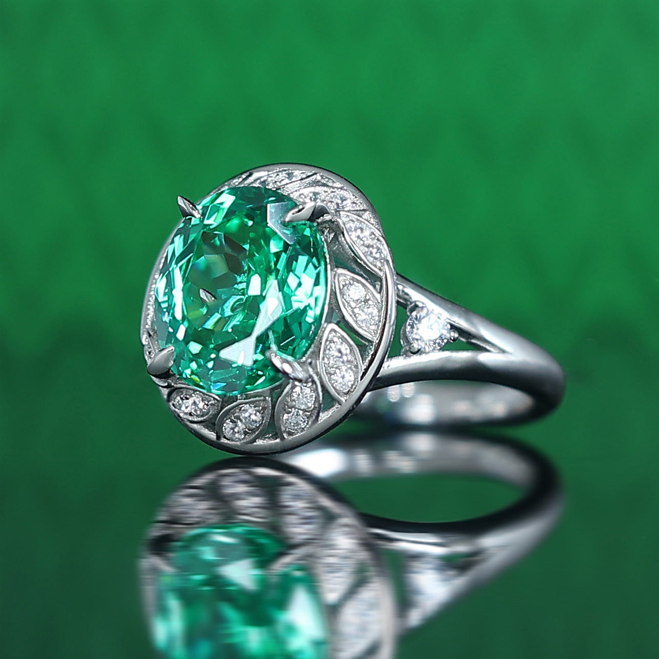 Micro-setting Apple Green color oval shape Lab created stones leaf ring, sterling silver