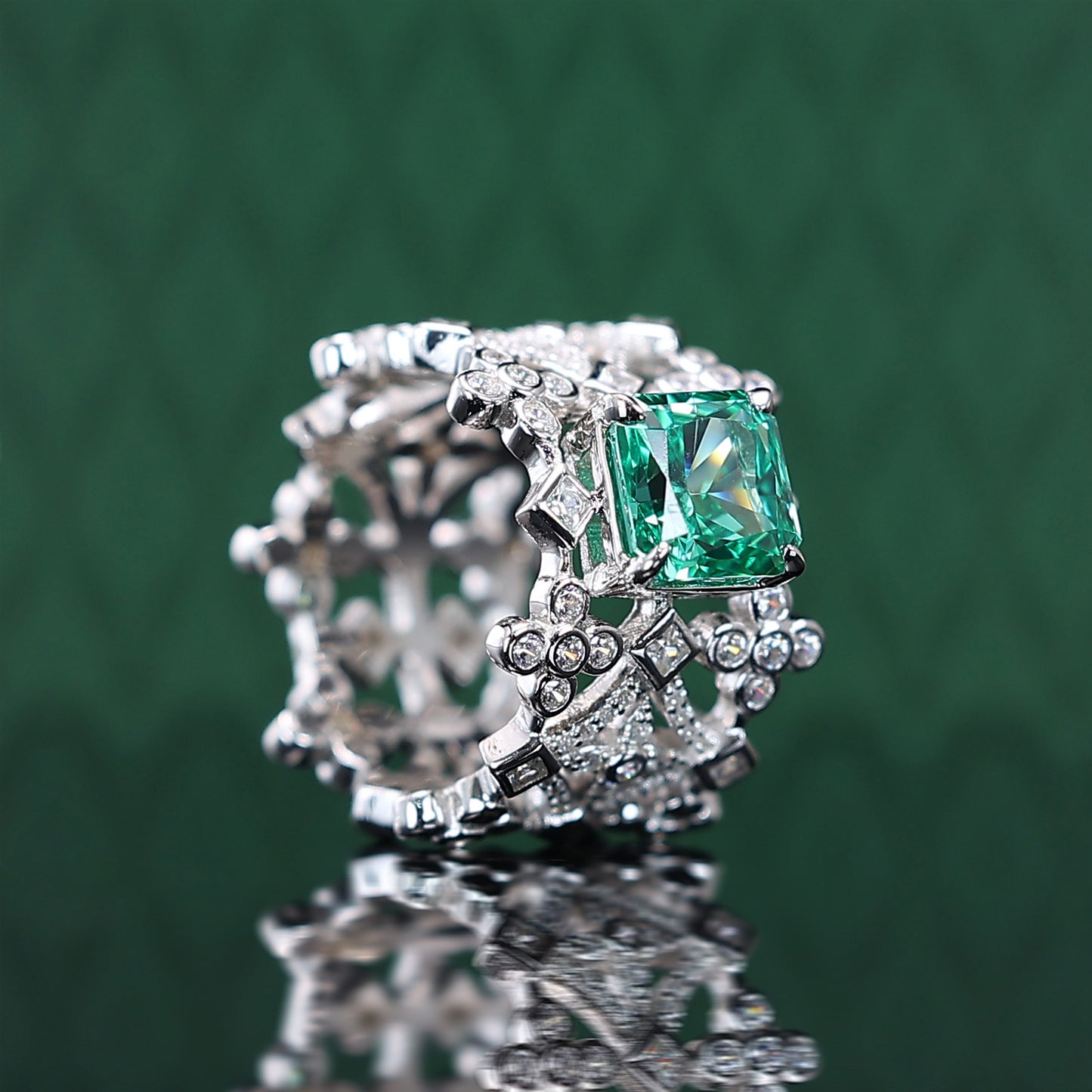 Promotional design：Micro-setting Apple Green color square shape Lab created stones fancy grids ring, sterling silver