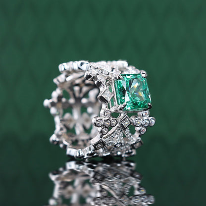 Promotional design：Micro-setting Apple Green color square shape Lab created stones fancy grids ring, sterling silver