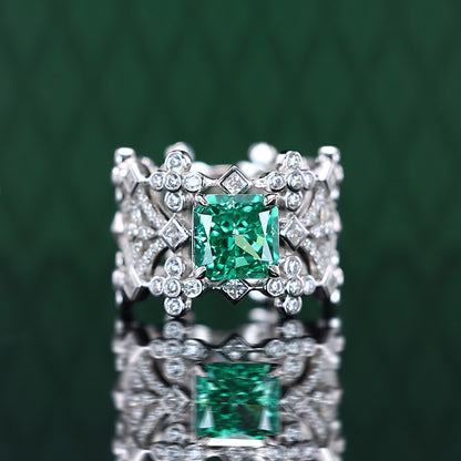 Promotional design：Micro-setting Apple Green color square shape Lab created stones fancy grids ring, sterling silver