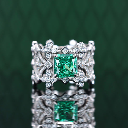 Promotional design：Micro-setting Apple Green color square shape Lab created stones fancy grids ring, sterling silver