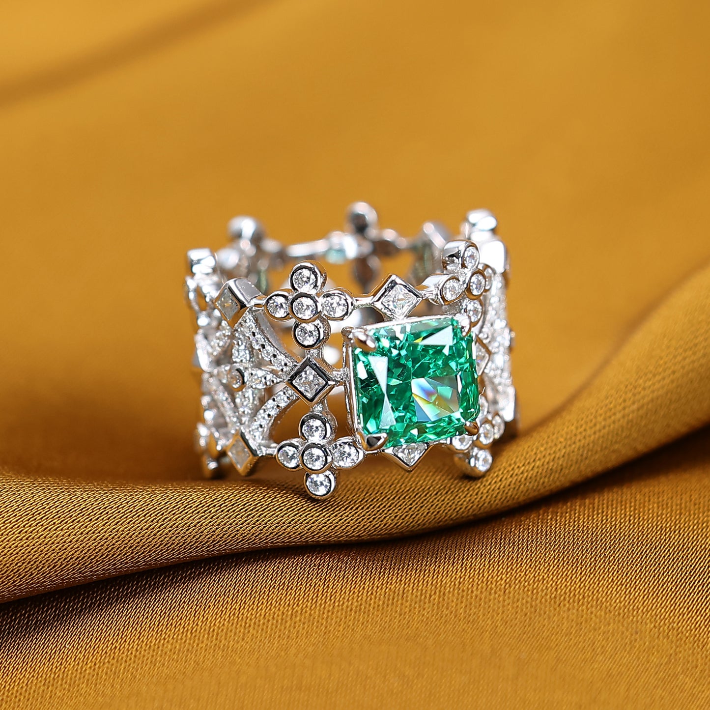 Promotional design：Micro-setting Apple Green color square shape Lab created stones fancy grids ring, sterling silver