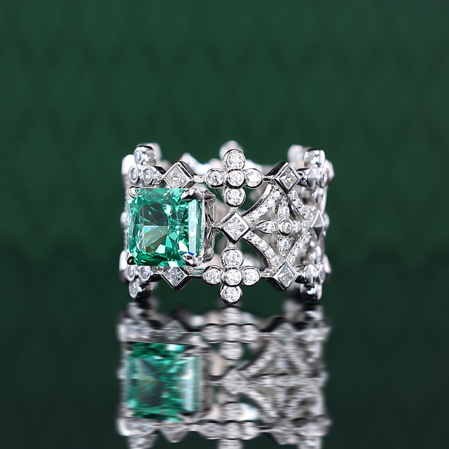 Promotional design：Micro-setting Apple Green color square shape Lab created stones fancy grids ring, sterling silver