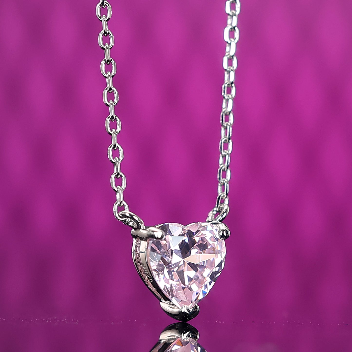 Micro-setting Pink diamond color Lab created stones small heart shape necklace, sterling silver