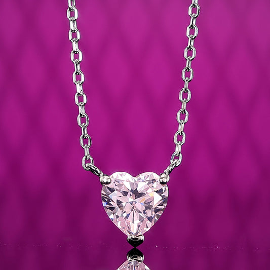 Micro-setting Pink diamond color Lab created stones small heart shape necklace, sterling silver