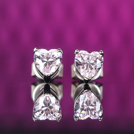 Micro-setting Pink diamond color Lab created stones small heart shape ear studs, sterling silver