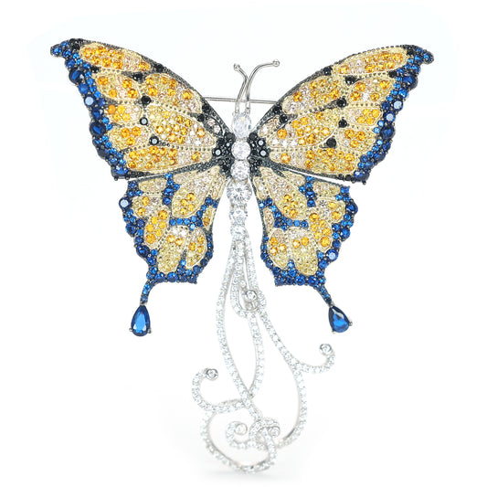 Only 1 Micro-setting mixed diamond colors Lab created stones butterfly brooch, sterling silver