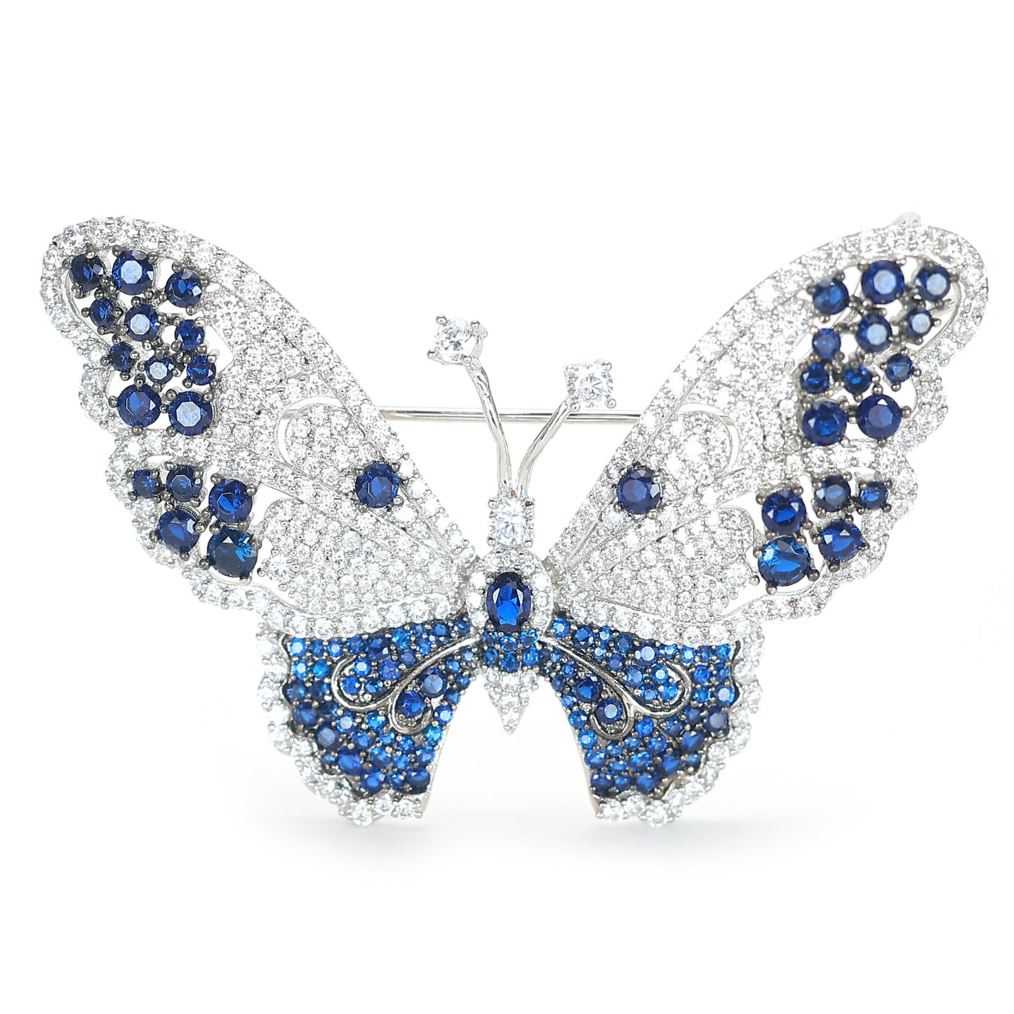 Only 1 multi-purpose Micro-setting diamond and sapphire color Lab created stones butterfly brooch and pendant, sterling silver. Customized piece.