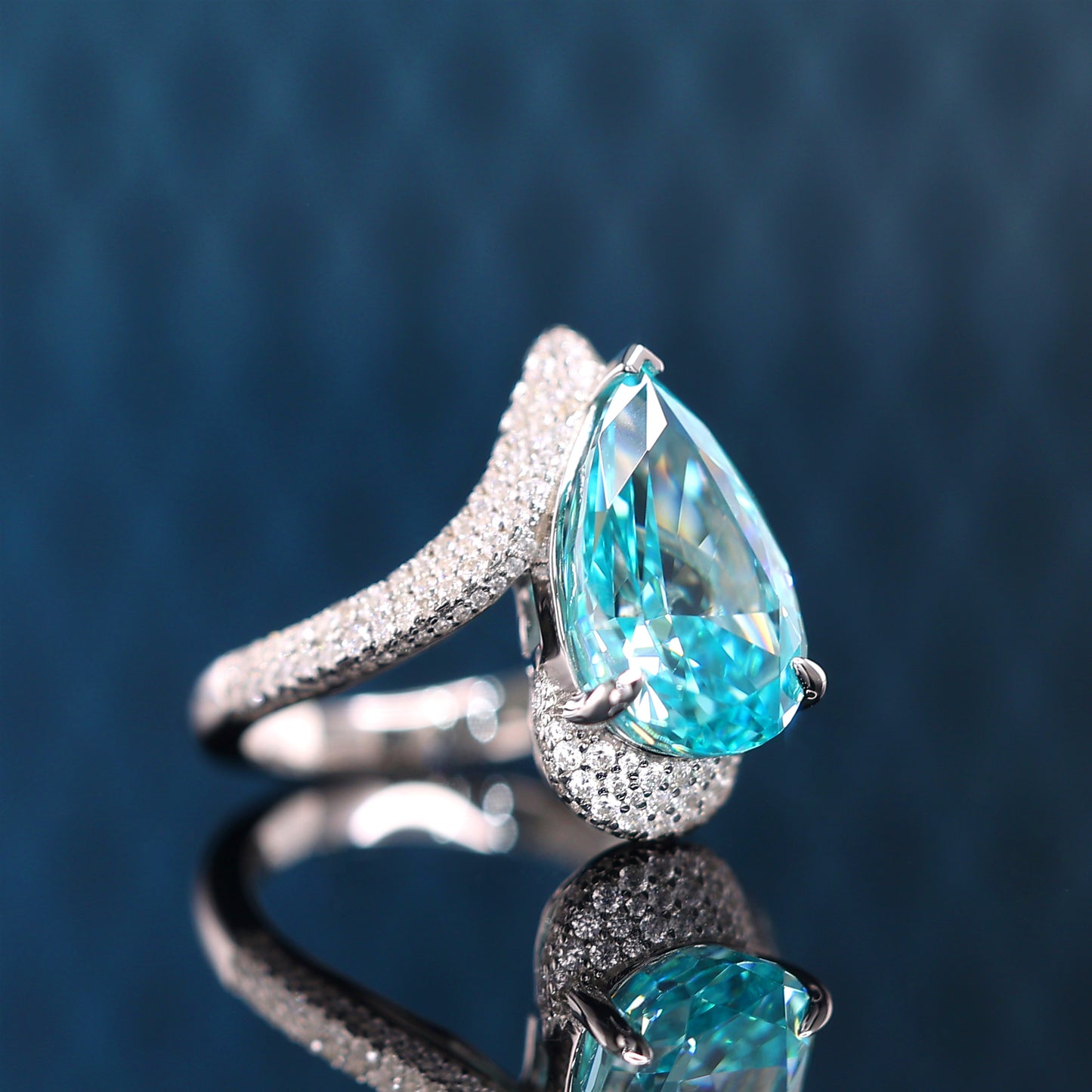 Micro-setting Paraiba color Lab created stones detailed teardrop ring  (13 carat)